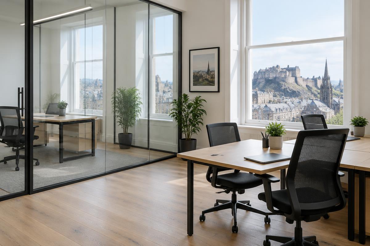 A bright, tidy office with clean desks and floors